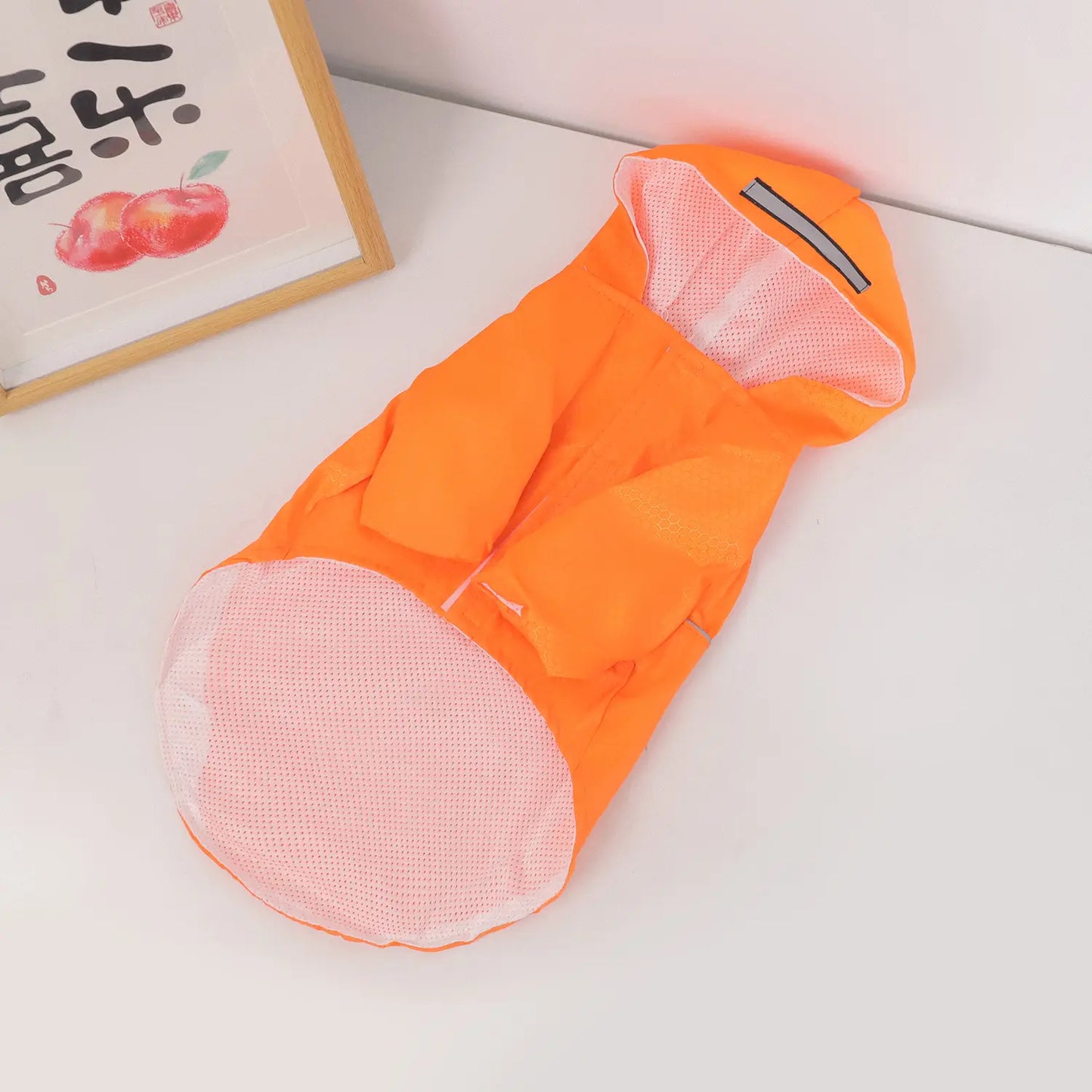 Orange and pink pet raincoat on a light gray surface with a framed picture in the background.
