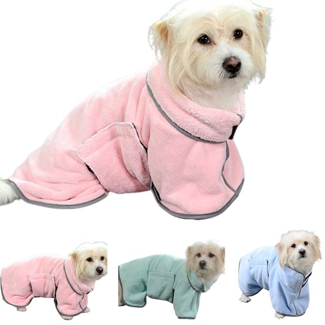 Dog wearing a pink robe with additional images of dogs in green and blue robes on a white background.
