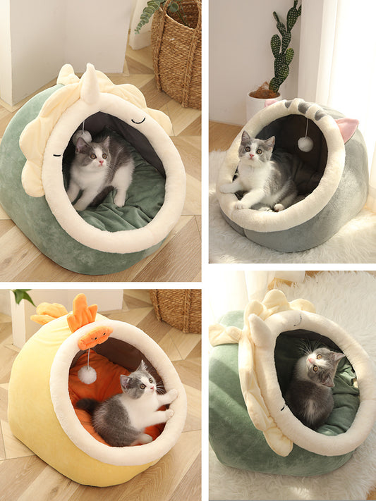 
Cat lying in a fluffy pink pet bed with a hand petting it