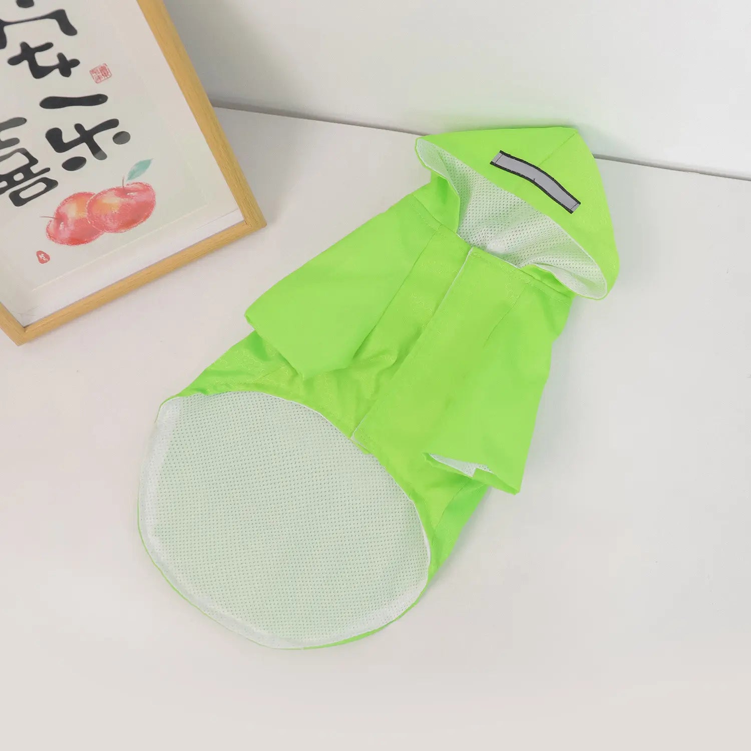 Green raincoat for pets on a white surface with a framed picture in the background