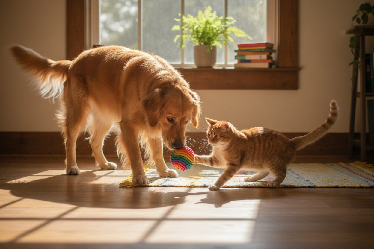 Dog and cat playing together