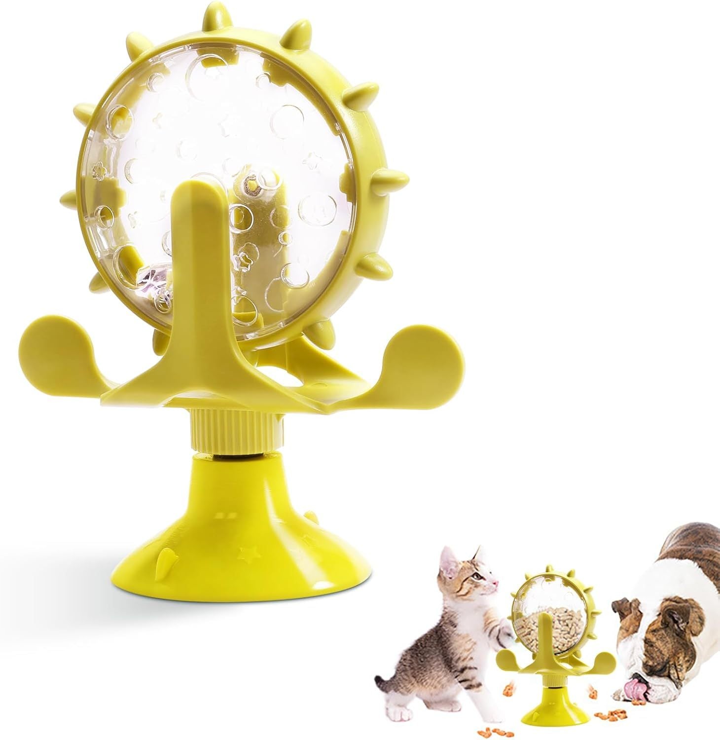 Yellow pet toy with suction cup base on a white background